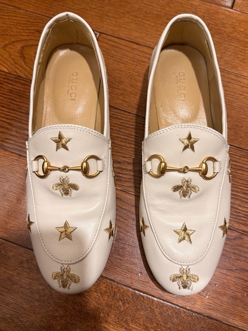 Gucci Cream Leather Horsebit Loafers with Gold Embroidery